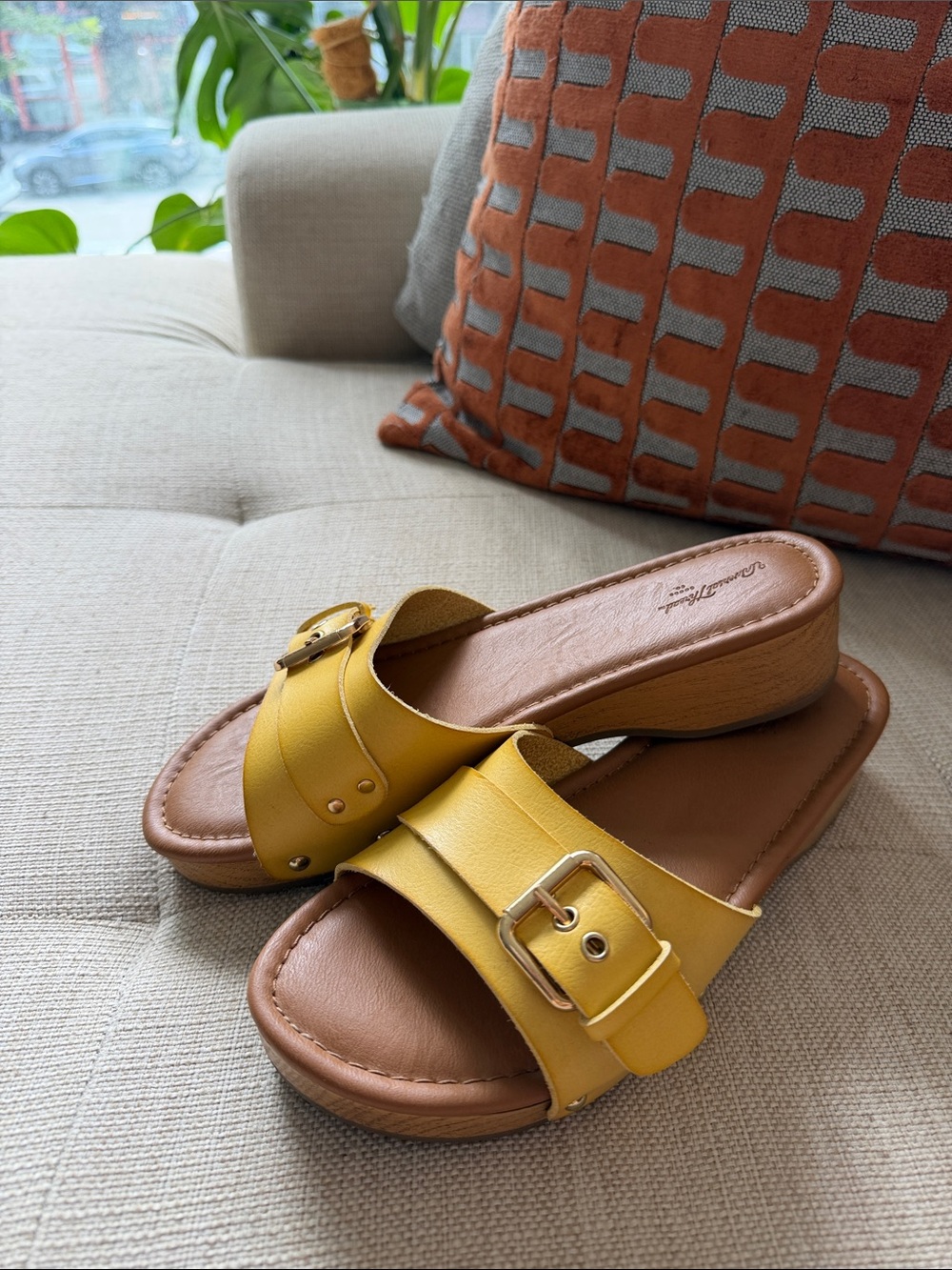 Yellow Leather Slide Sandals with Gold Buckle - Women’s